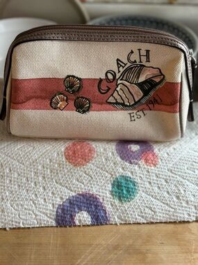 Coach Canvas Cosmetic Pouch with Pink Stripe and Shell Motif